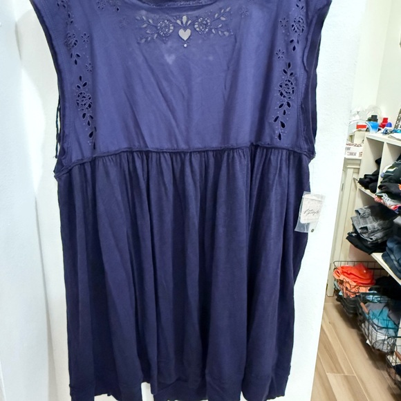 Free People Linen Cotton Bella Babydoll Top/Dress Eyelet Blue XL - Picture 3 of 5